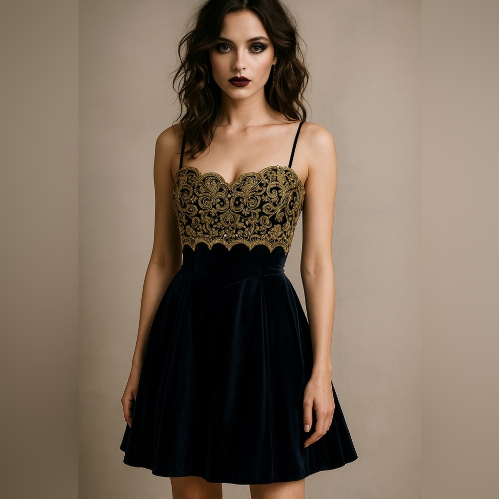 Jessica McClintock Black Velvet Mini Dress with Gold Embroidered Bodice